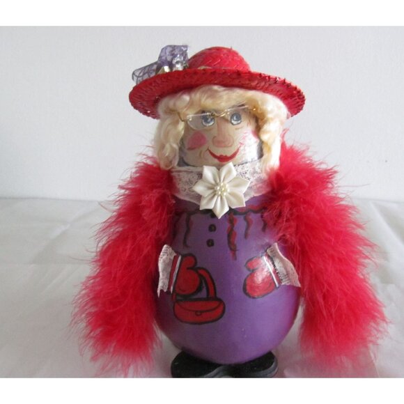 Handcrafted Red Hat Society Lady with Feather Boa Decorative Doll Gourd Figure - Picture 7 of 11
